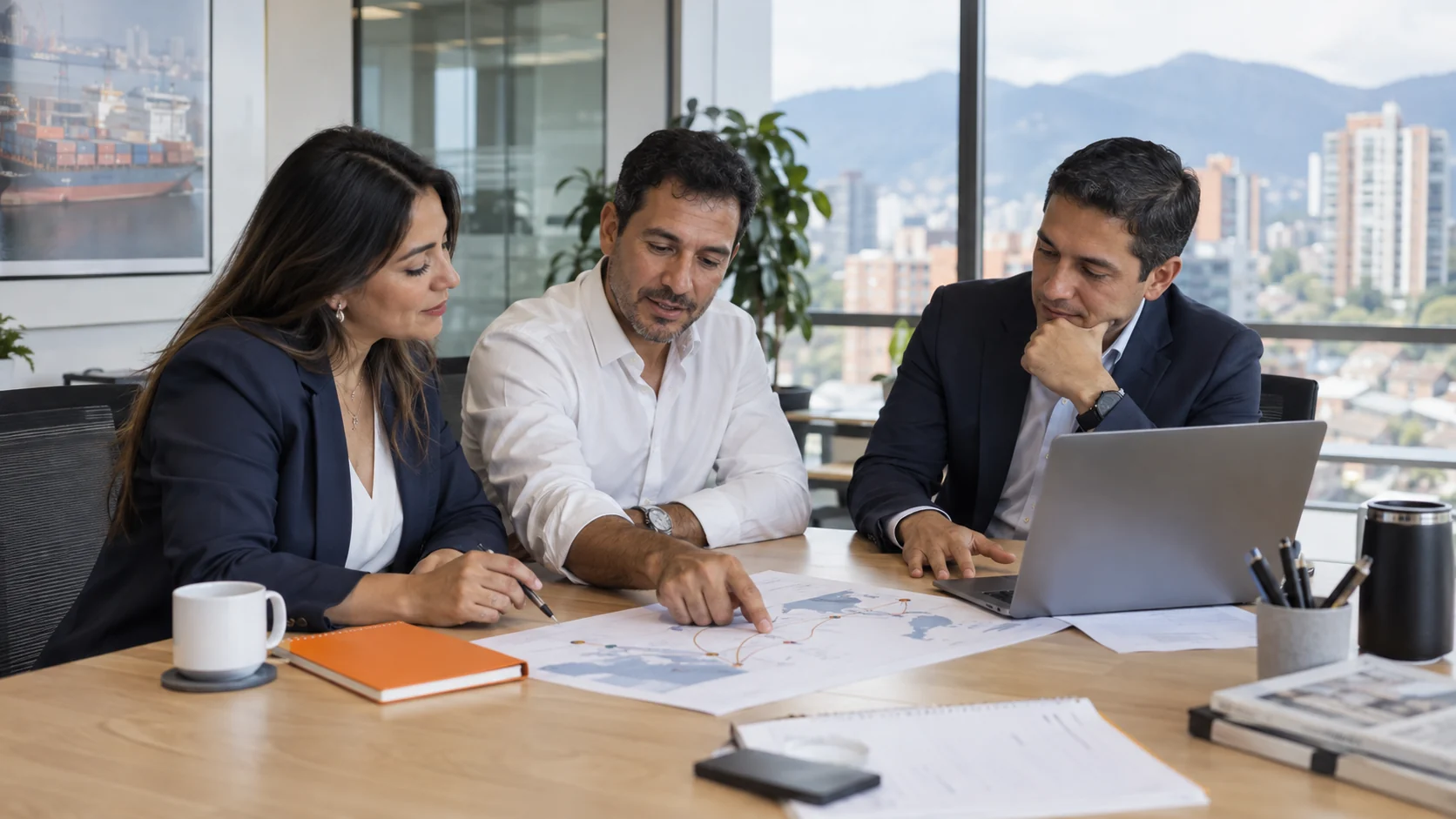 Profesionales revisando la planeación de un envío internacional.
